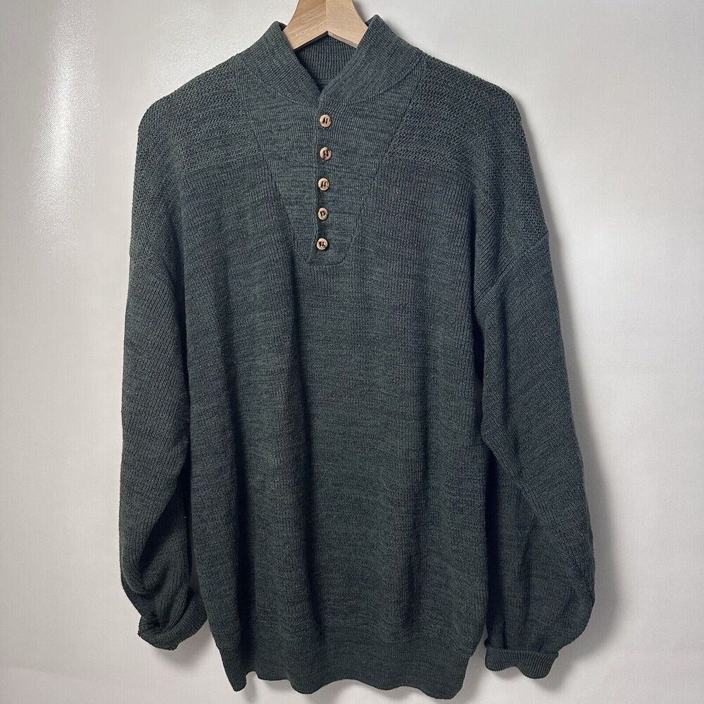 Cabelas Mens Sweater Green Henley Mock Neck Vtg Pullover Cable Knit Cabincore LT